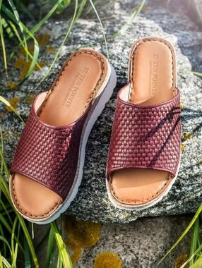 Ten Points Sweden Woven Burgundy Maya Leather Platform Slide Sandal Size 38